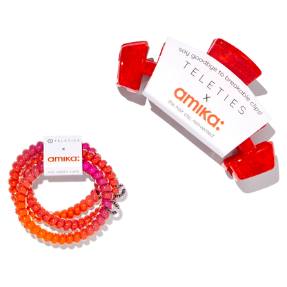 amika x TELETIES necessities set 3 pc hair ties, clip, essentials bag + perk up plus