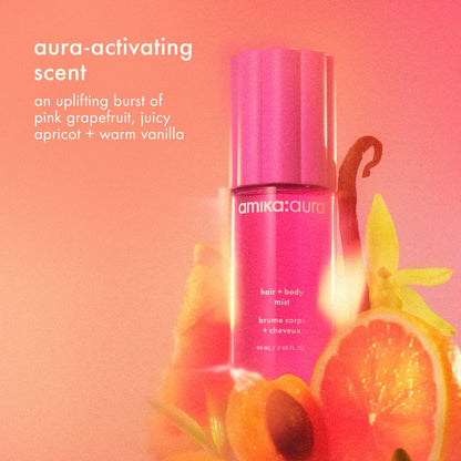 refresh, prep + mist set amika:aura hair + body mist, perk up plus dry shampoo, superfruit star styling oil