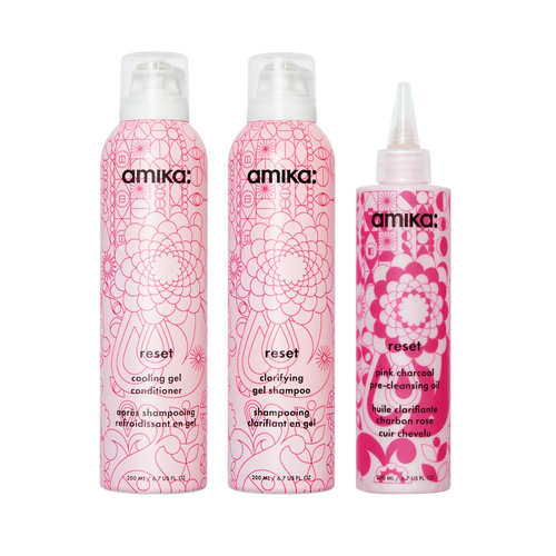 detox set reset clarifying gel shampoo, cooling gel conditioner + pink charcoal scalp cleansing oil