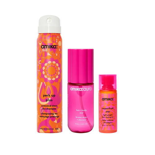 refresh, prep + mist set amika:aura hair + body mist, perk up plus dry shampoo, superfruit star styling oil