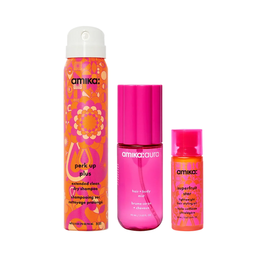 refresh, prep + mist set amika:aura hair + body mist, perk up plus dry shampoo, superfruit star styling oil