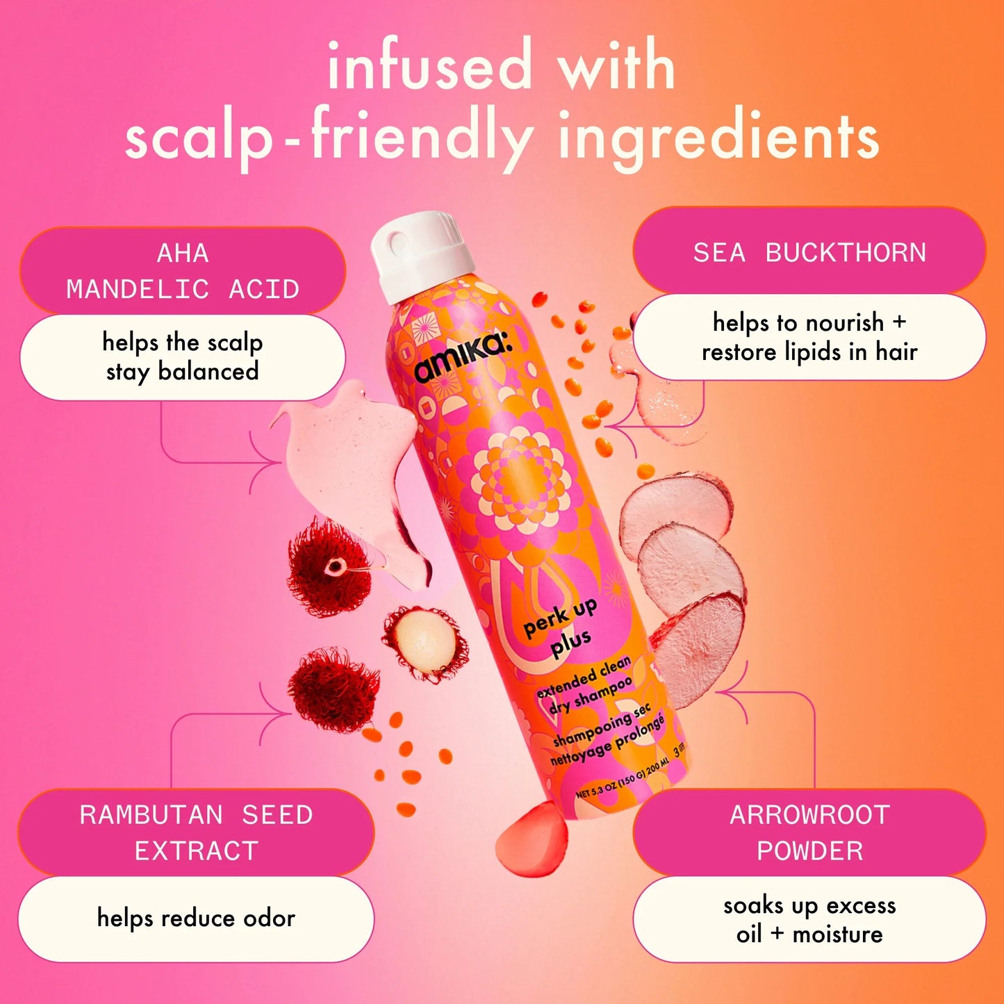 refresh, prep + mist set amika:aura hair + body mist, perk up plus dry shampoo, superfruit star styling oil