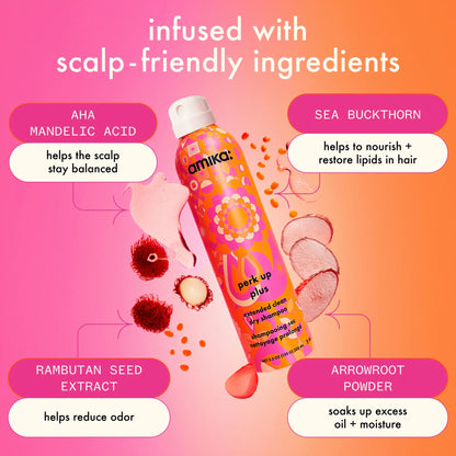 refresh, prep + mist set amika:aura hair + body mist, perk up plus dry shampoo, superfruit star styling oil