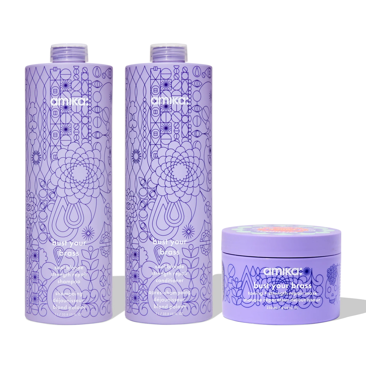 super-sized blonde set bust your brass cool blonde shampoo + conditioner + intense repair hair mask